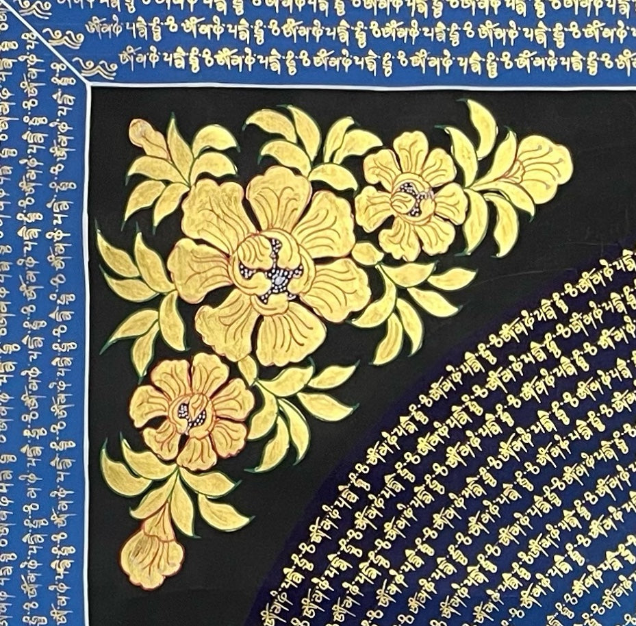 Jambhala Mantra Mandala thangka, detail: top-left corner