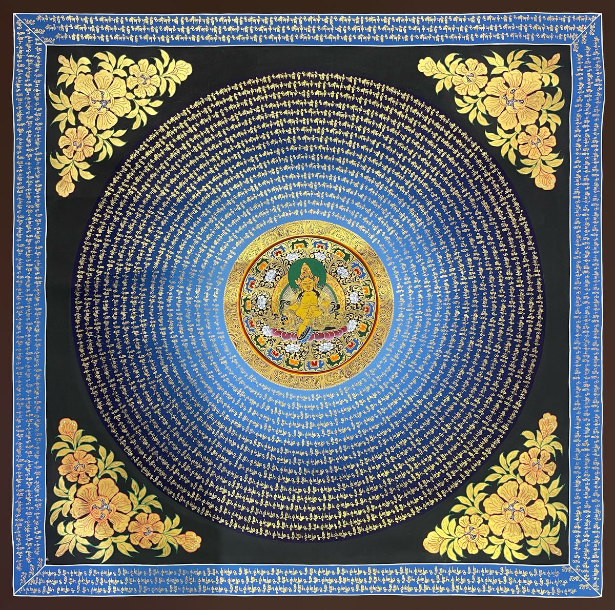 Jambhala Mantra Mandala thangka, 110×110 cm: rings of gold-coloured mantra script on a blue disc around yellow Jambhala at the centre