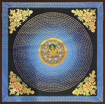Jambhala Mantra Mandala thangka, 110×110 cm: rings of gold-coloured mantra script on a blue disc around yellow Jambhala at the centre