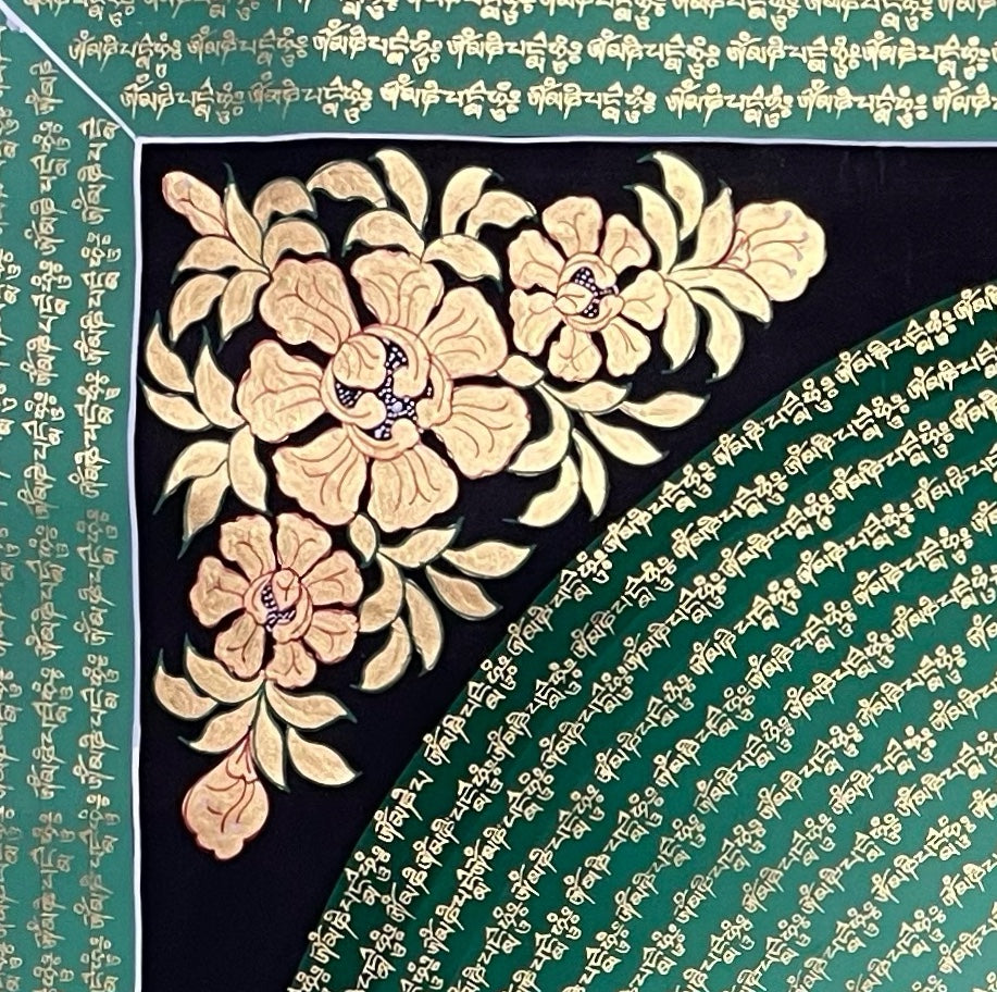 Jambhala Mantra Mandala thangka, detail: top-left corner