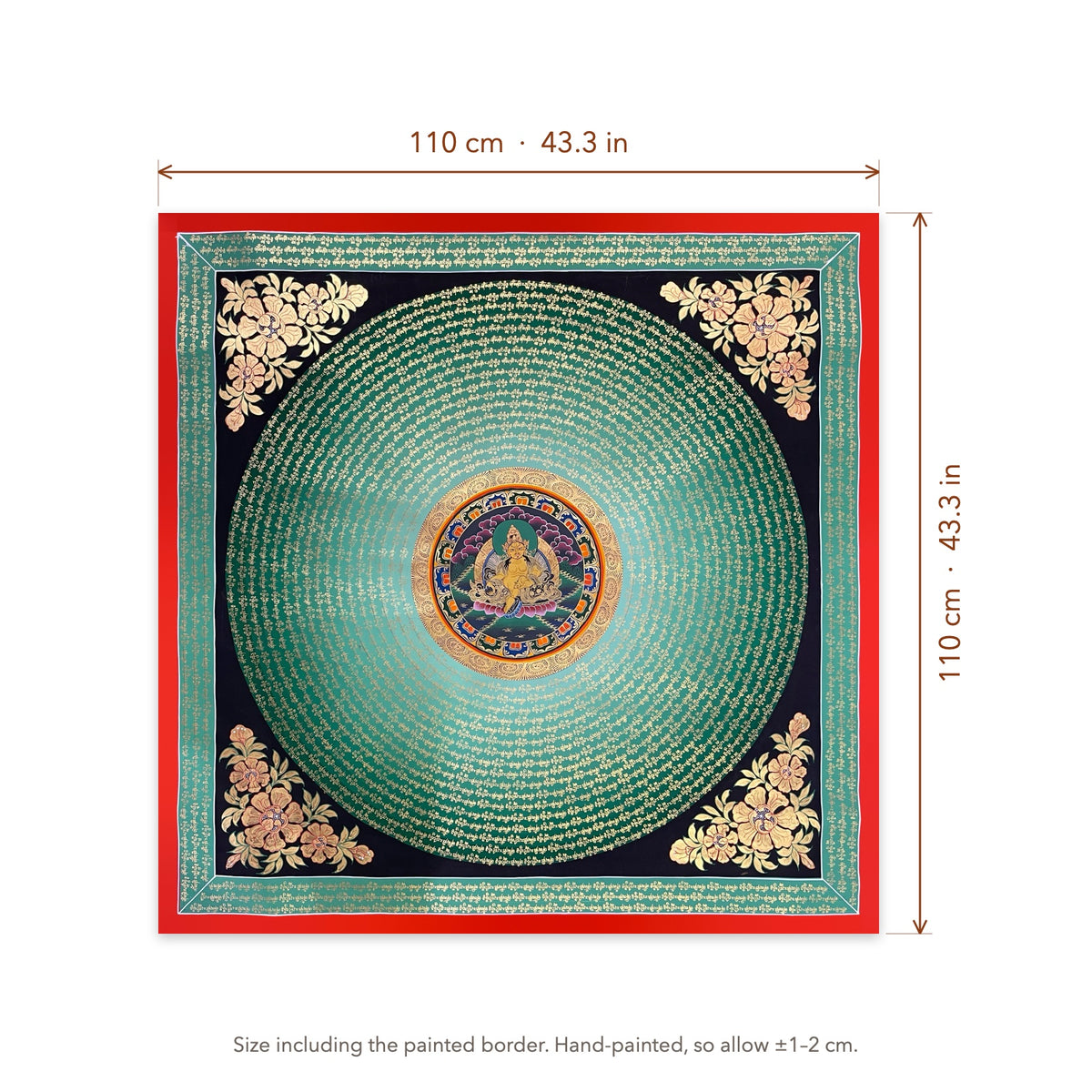 Size diagram: 110 × 110 cm (43.3 × 43.3 in), including the painted border