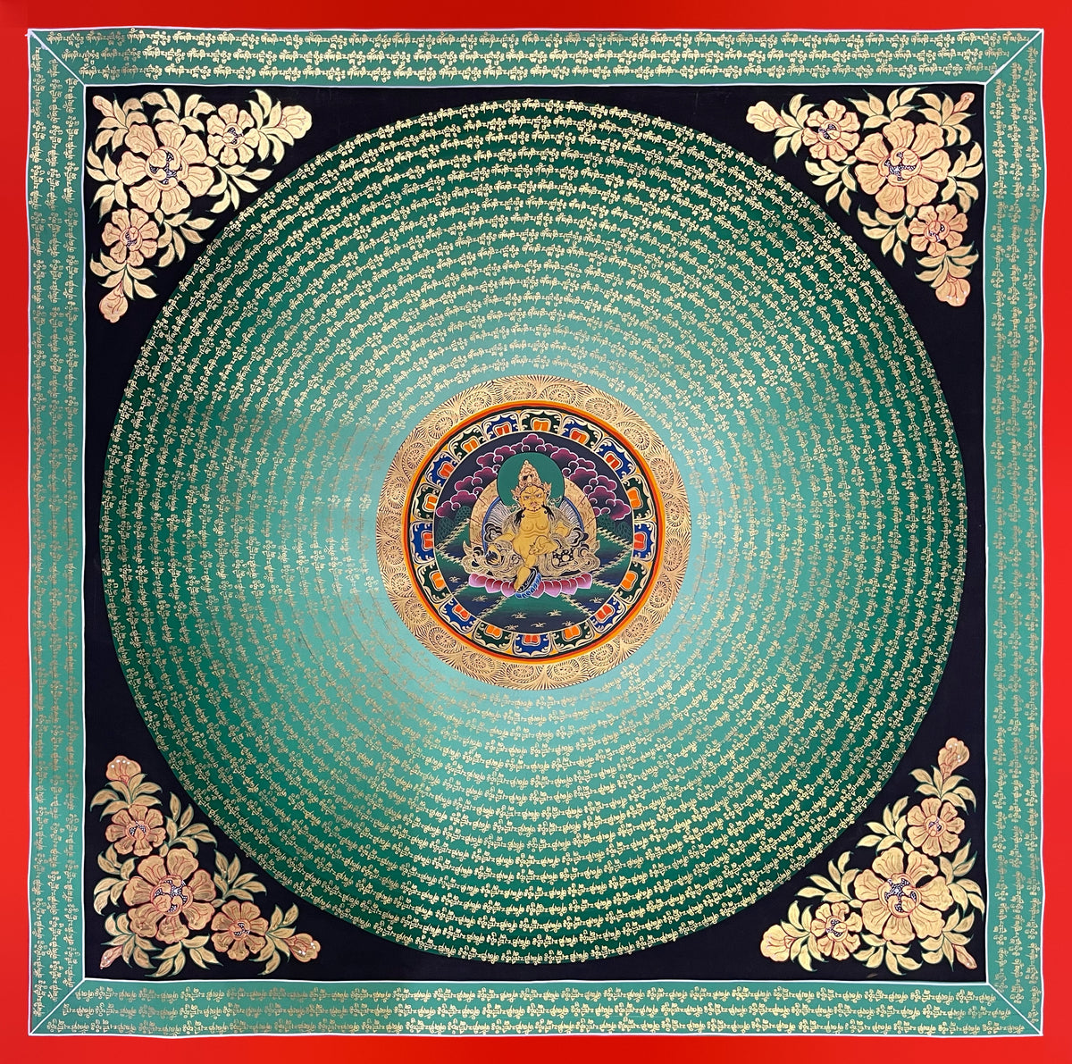 Jambhala Mantra Mandala thangka, 110×110 cm: Yellow Jambhala at the centre of rings of gold-coloured mantra script on a turquoise-to-green disc