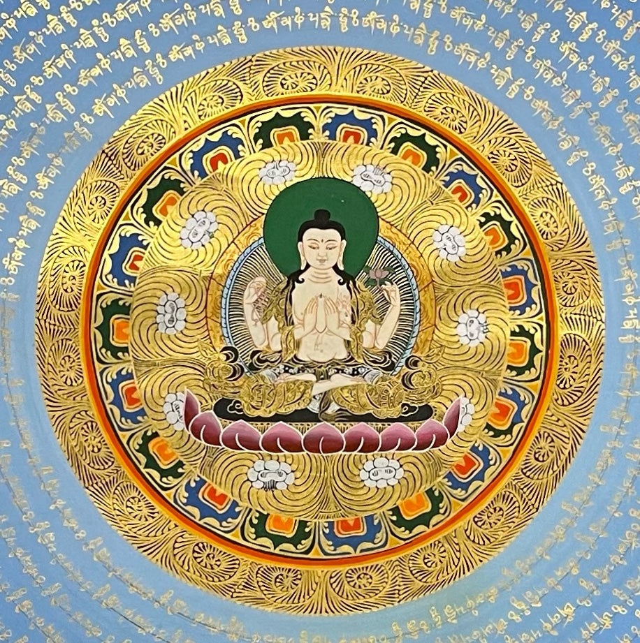 Chenrezig Mantra Mandala thangka, detail: centre
