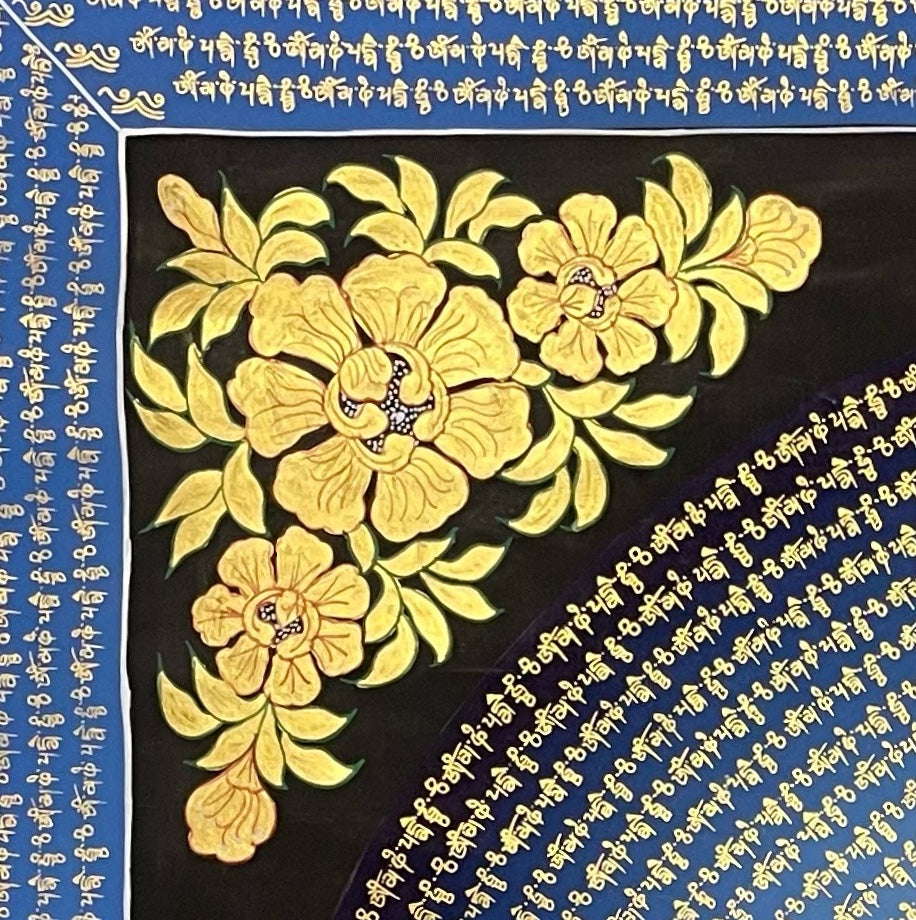 Chenrezig Mantra Mandala thangka, detail: top-left corner