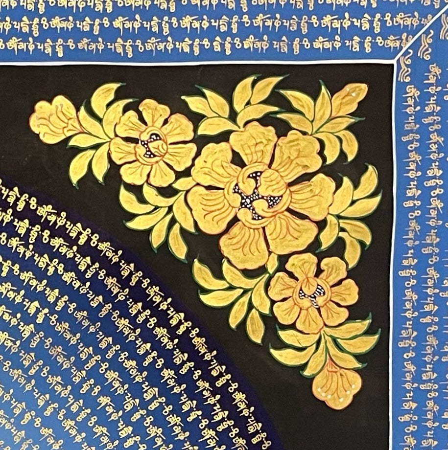 Chenrezig Mantra Mandala thangka, detail: top-right corner