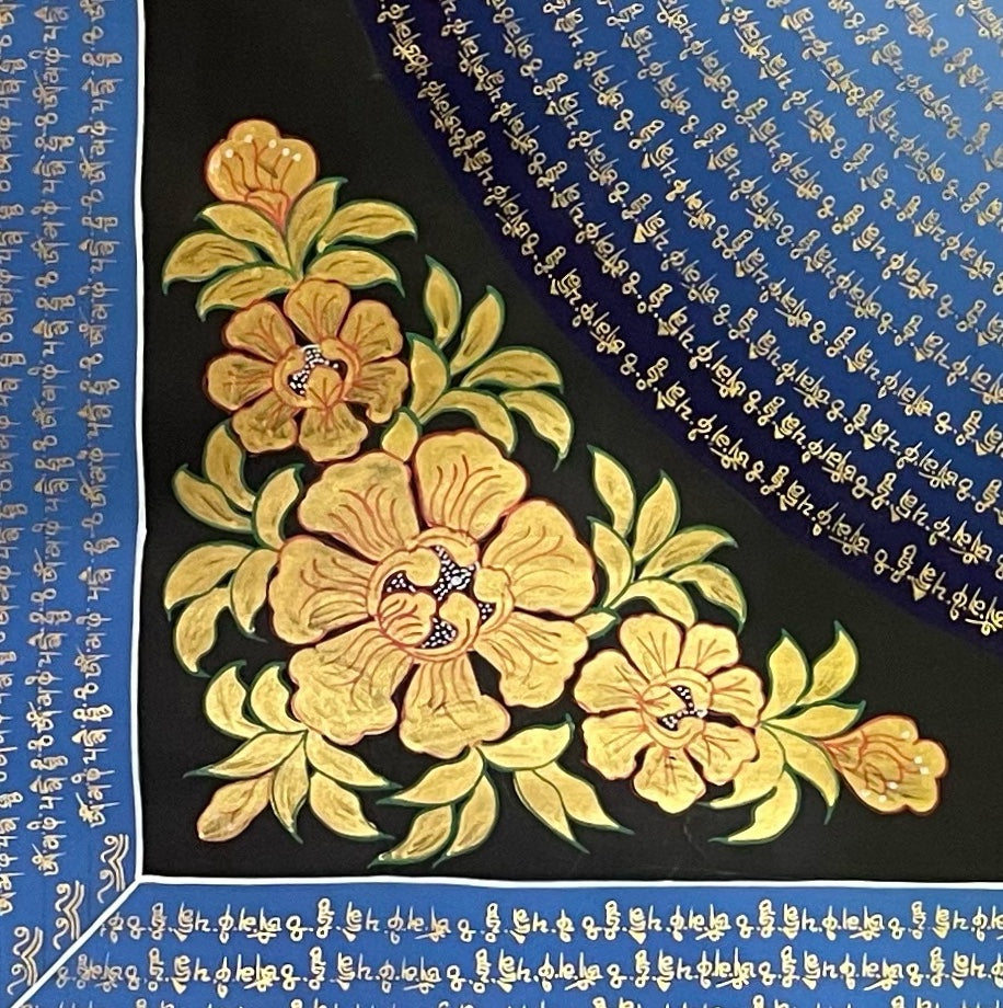 Chenrezig Mantra Mandala thangka, detail: bottom-left corner