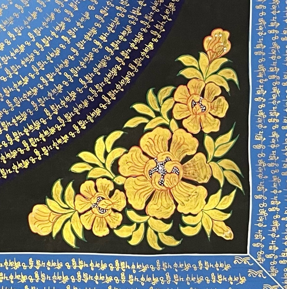Chenrezig Mantra Mandala thangka, detail: bottom-right corner