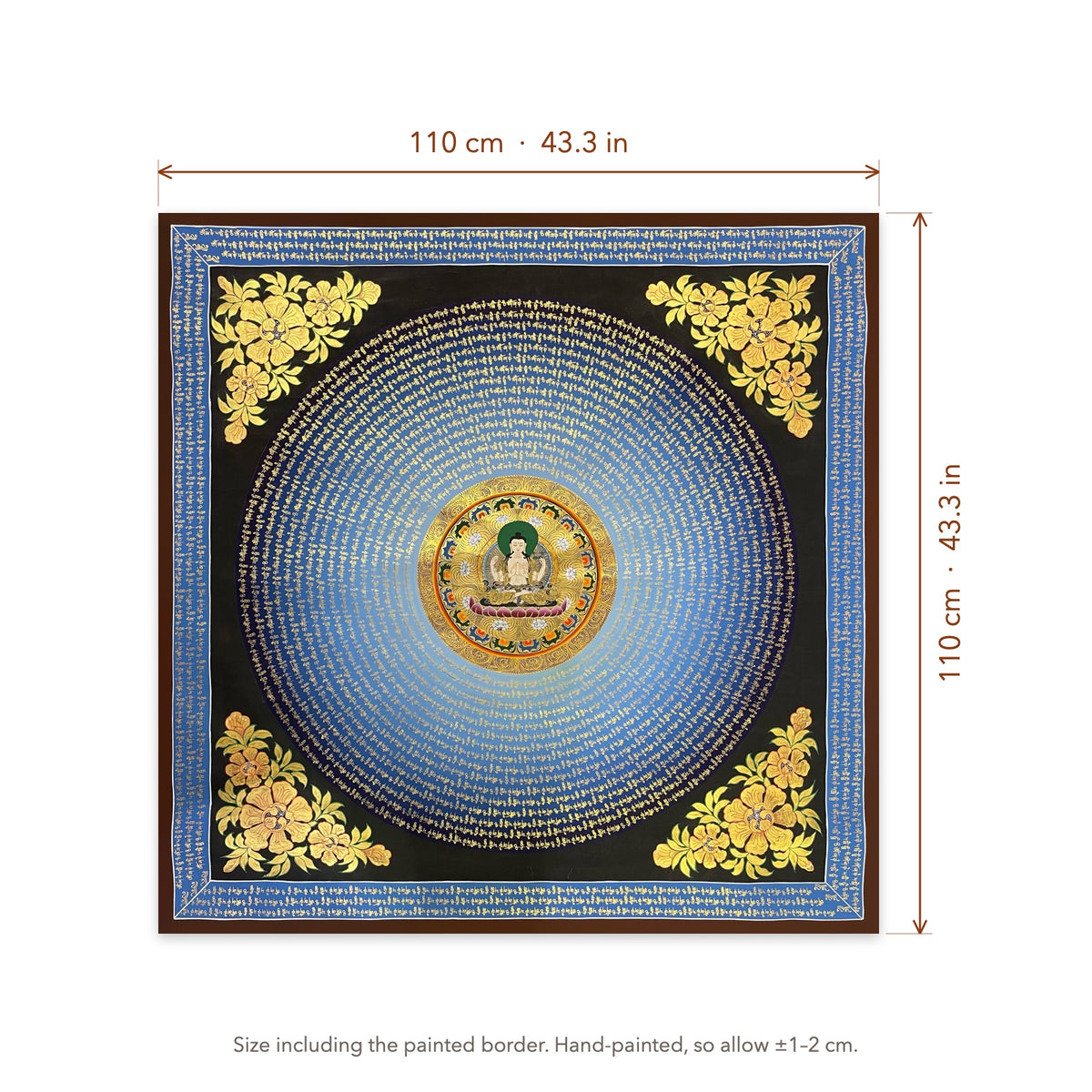 Size diagram: 110 × 110 cm (43.3 × 43.3 in), including the painted border
