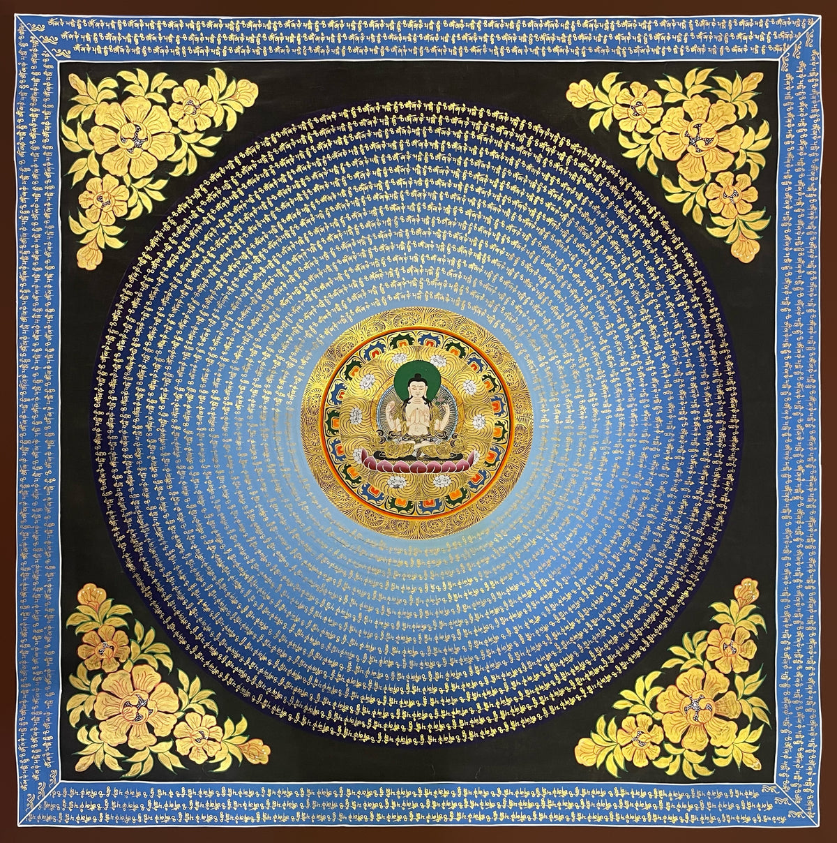Chenrezig Mantra Mandala thangka, 110×110 cm: rings of gold-coloured Om Mani Padme Hum script on a blue disc around four-armed Chenrezig at the centre