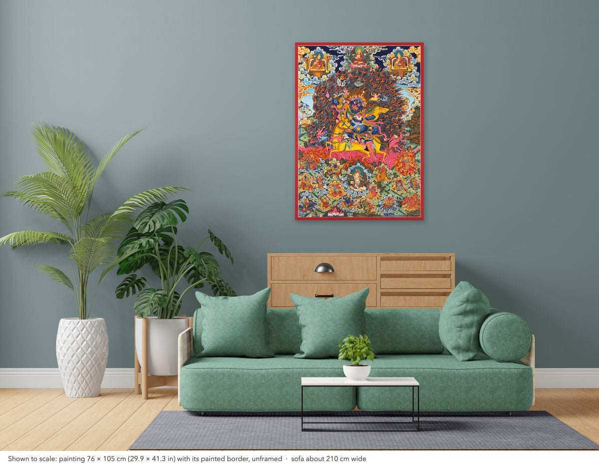 Palden Lhamo thangka shown to scale in a living room, unframed, above a sofa about 210 cm wide (76×105 cm)