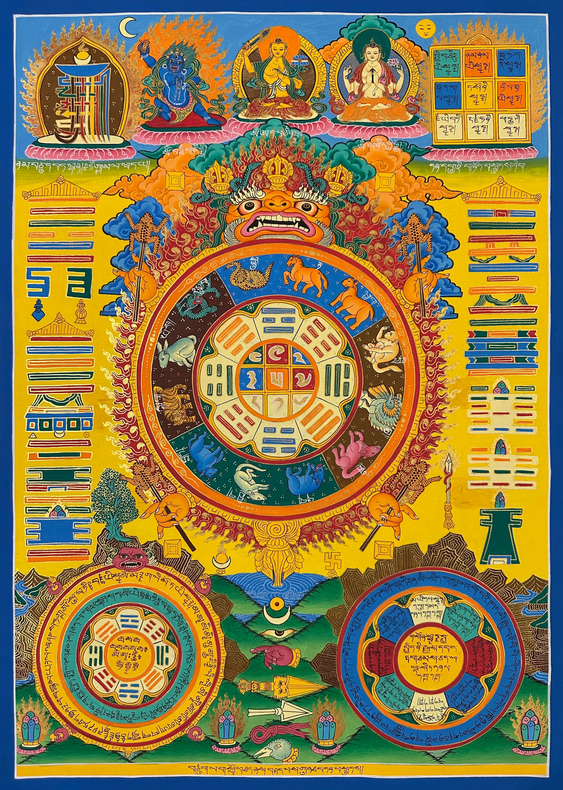 Tibetan Astrology Calendar thangka, 48×67 cm: a Tibetan astrology chart on bright yellow, with the zodiac animals around the trigrams and a square of nine