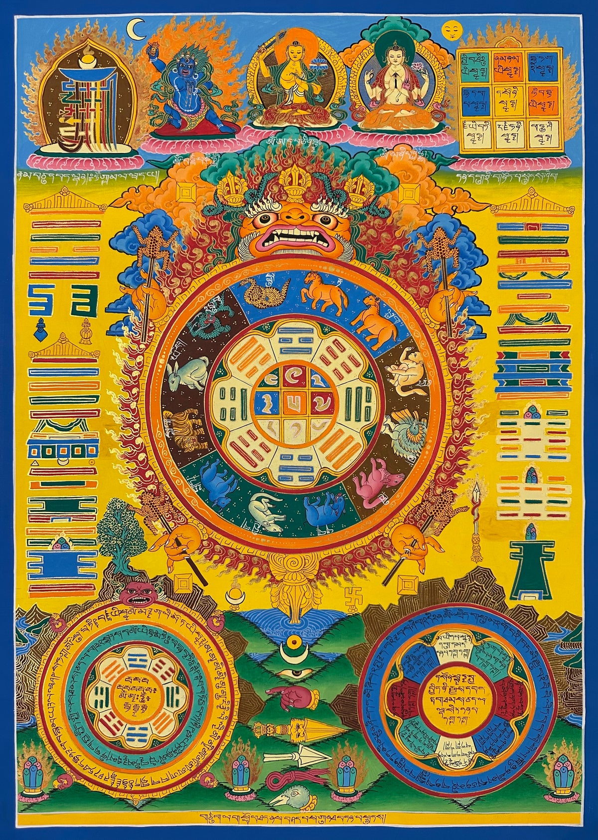 Tibetan Astrology Calendar thangka, 48×67 cm: a Tibetan astrology chart on bright yellow, with the zodiac animals around the trigrams and a square of nine