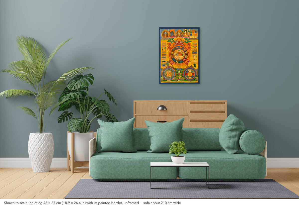 Tibetan Astrology Calendar thangka shown to scale in a living room, unframed, above a sofa about 210 cm wide (48×67 cm)