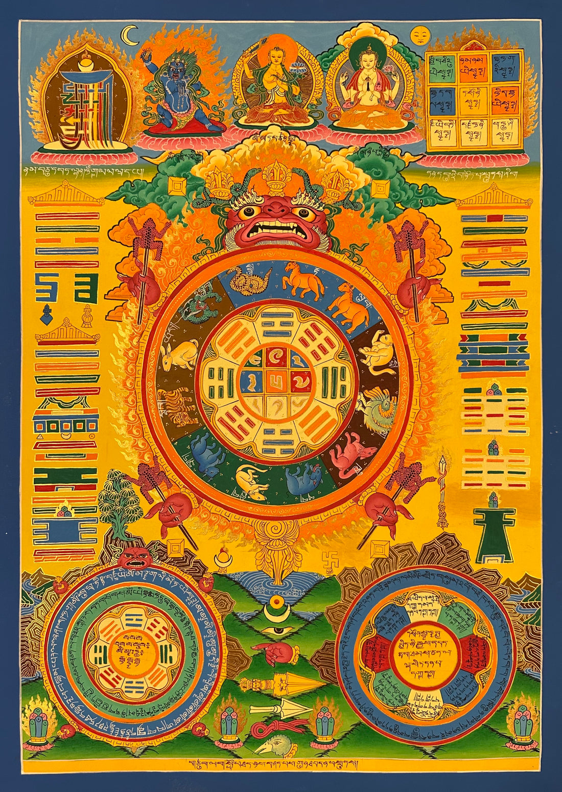 Tibetan Astrology Calendar thangka, 48×67 cm: a Tibetan astrology chart on bright yellow, with the zodiac on a golden turtle and Vajrapani