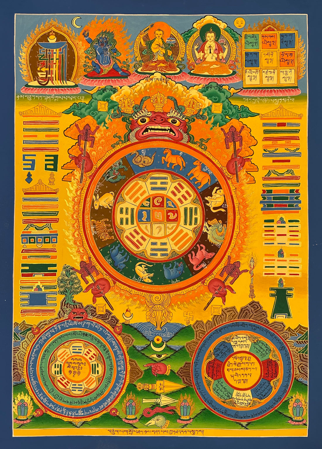 Tibetan Astrology Calendar thangka, 48×67 cm: a Tibetan astrology chart on bright yellow, with the zodiac on a golden turtle and Vajrapani