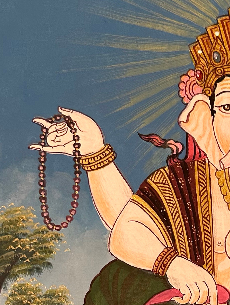 Ganesh thangka, detail: top-left corner