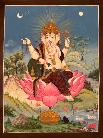Ganesh thangka, 42×57 cm: four-armed Ganesh on a pink lotus by a lake, with his rat and a basket of sweets