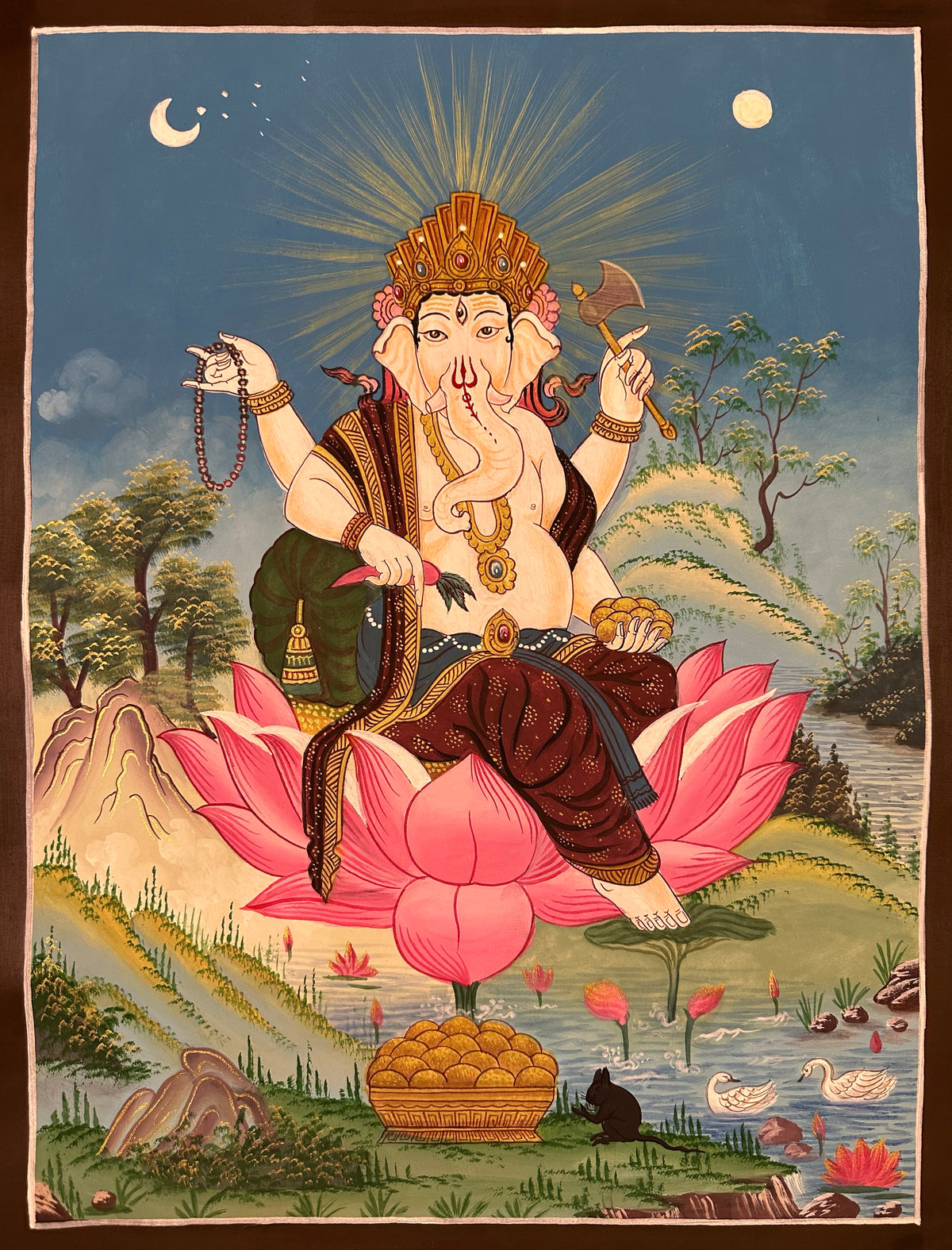 Ganesh thangka, 42×57 cm: four-armed Ganesh on a pink lotus by a lake, with his rat and a basket of sweets