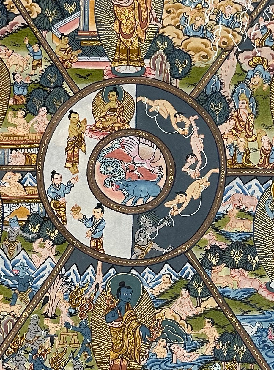 Wheel of Life thangka, 40×61 cm: blue Yama holding the Wheel of Life with a Buddha in each realm, framed by a border of dragons