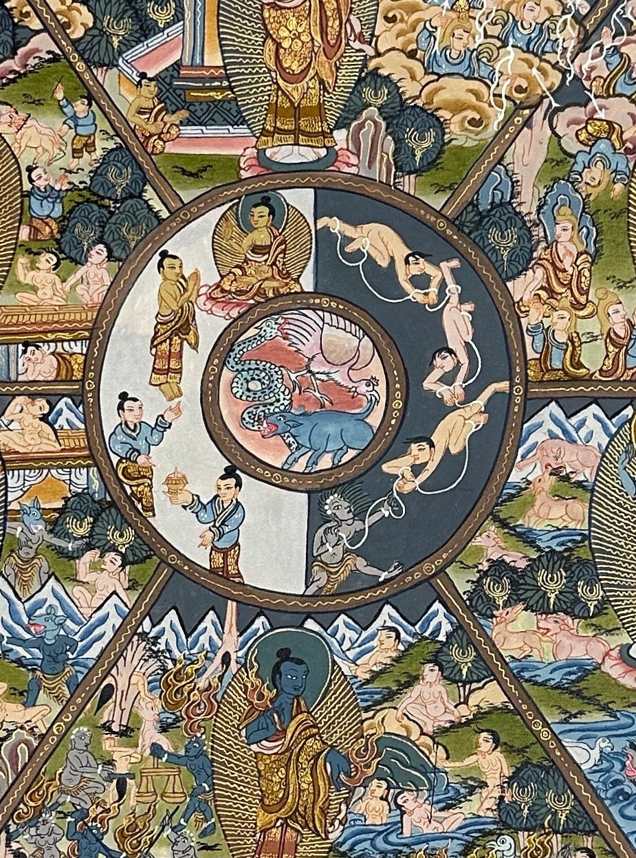 Wheel of Life thangka, 40×61 cm: blue Yama holding the Wheel of Life with a Buddha in each realm, framed by a border of dragons