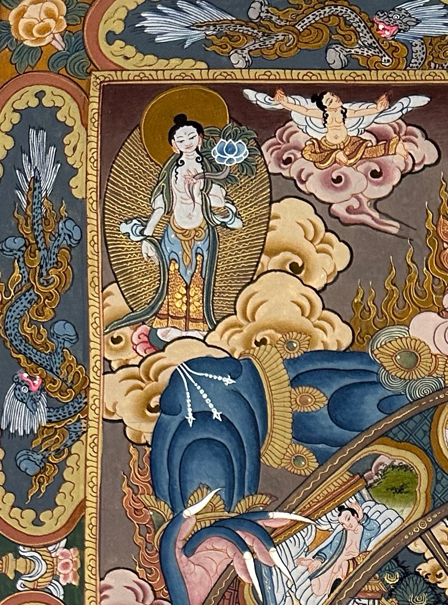 Wheel of Life thangka, detail: top-left corner