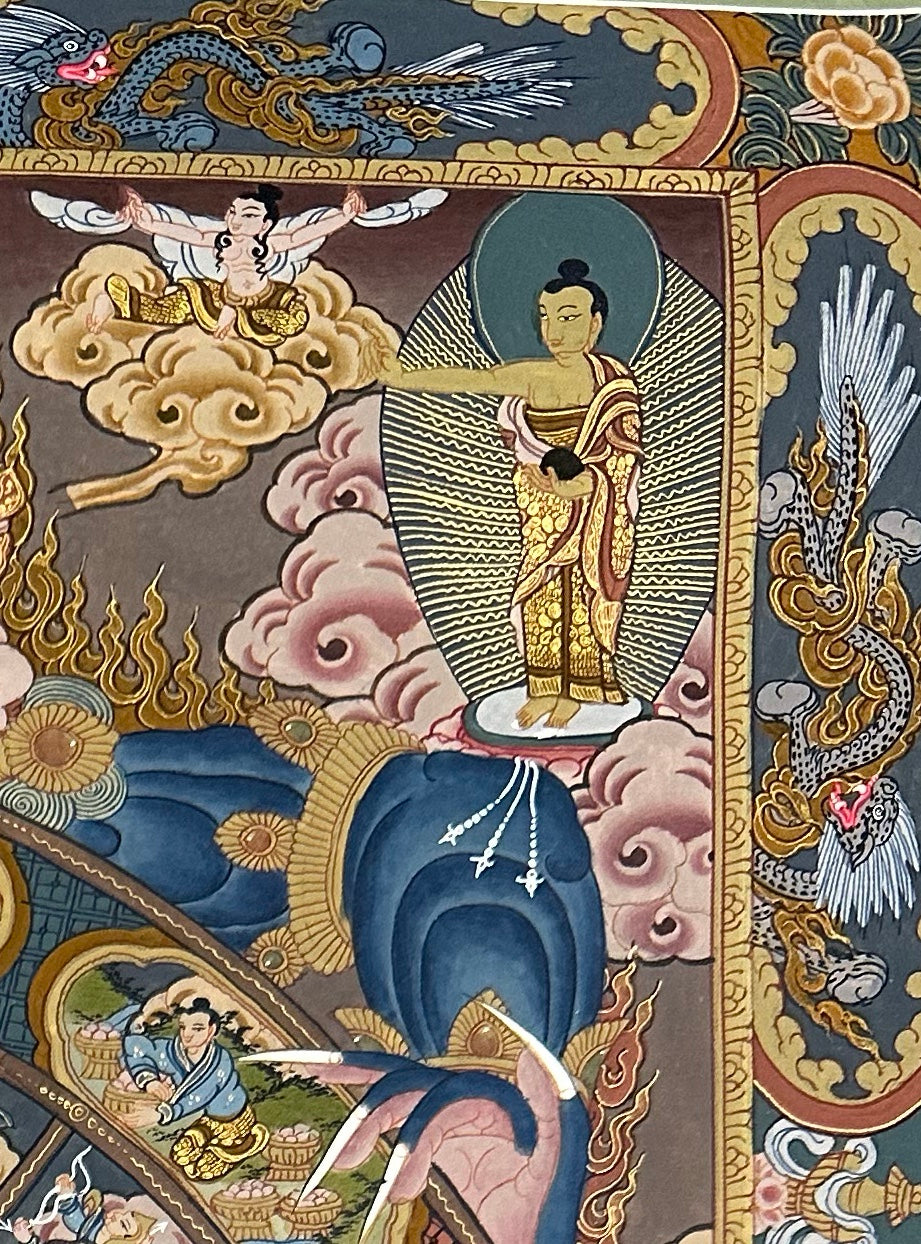 Wheel of Life thangka, detail: top-right corner