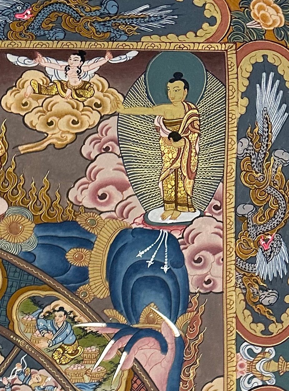 Wheel of Life thangka, detail: top-right corner
