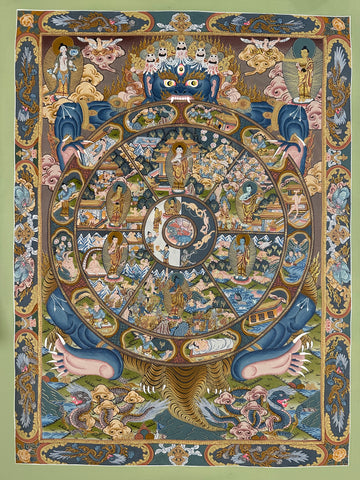 Wheel of Life thangka, 40×61 cm: blue Yama holding the Wheel of Life with a Buddha in each realm, framed by a border of dragons