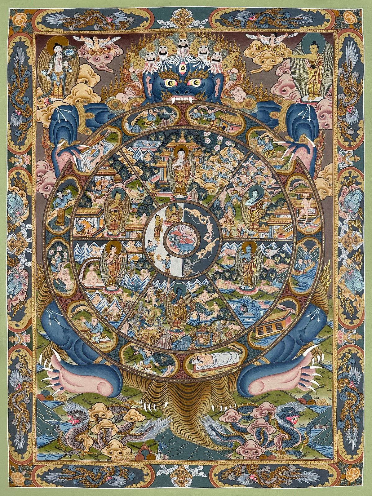 Wheel of Life thangka, 40×61 cm: blue Yama holding the Wheel of Life with a Buddha in each realm, framed by a border of dragons