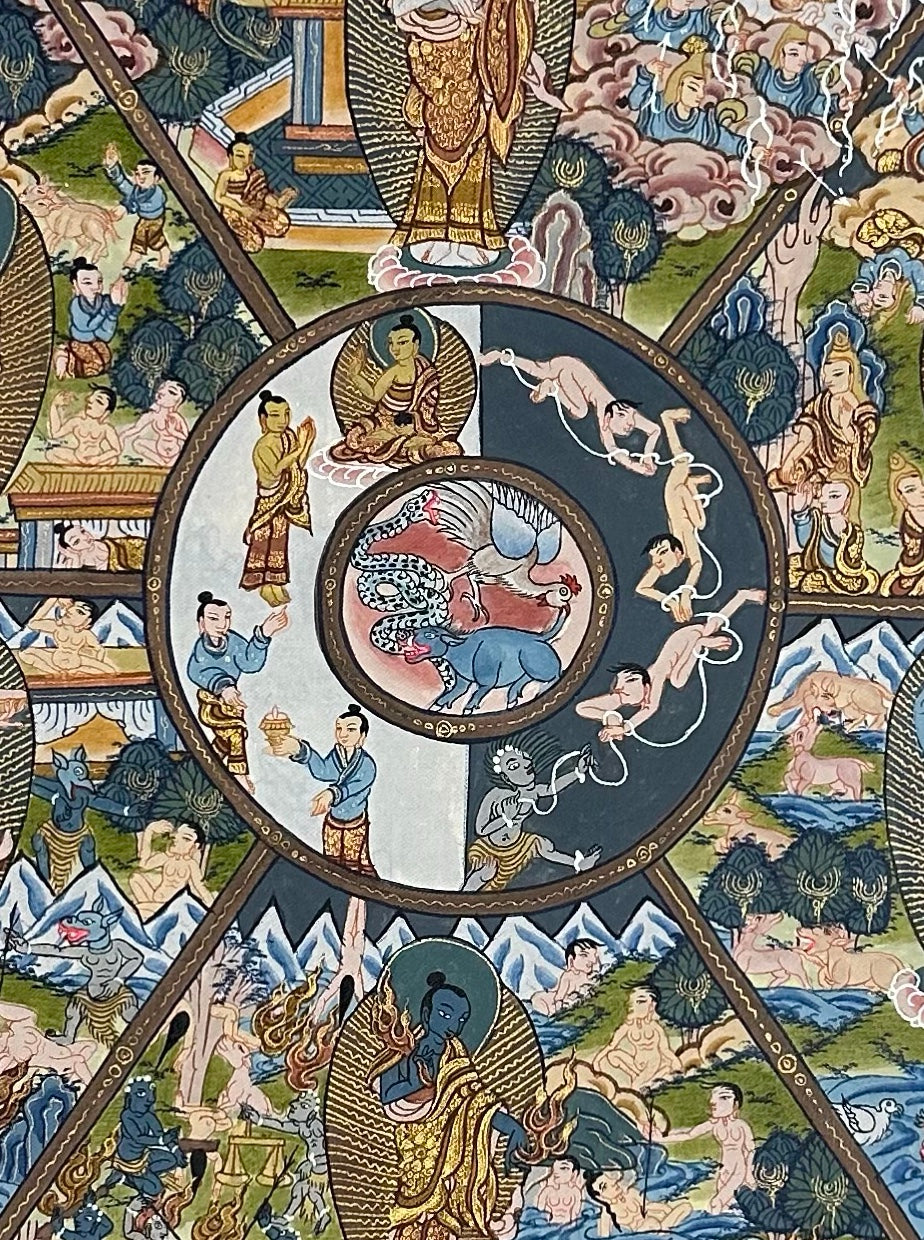 Wheel of Life thangka, detail: centre