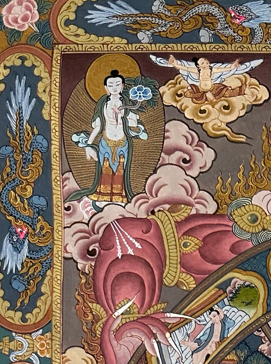 Wheel of Life thangka, detail: top-left corner