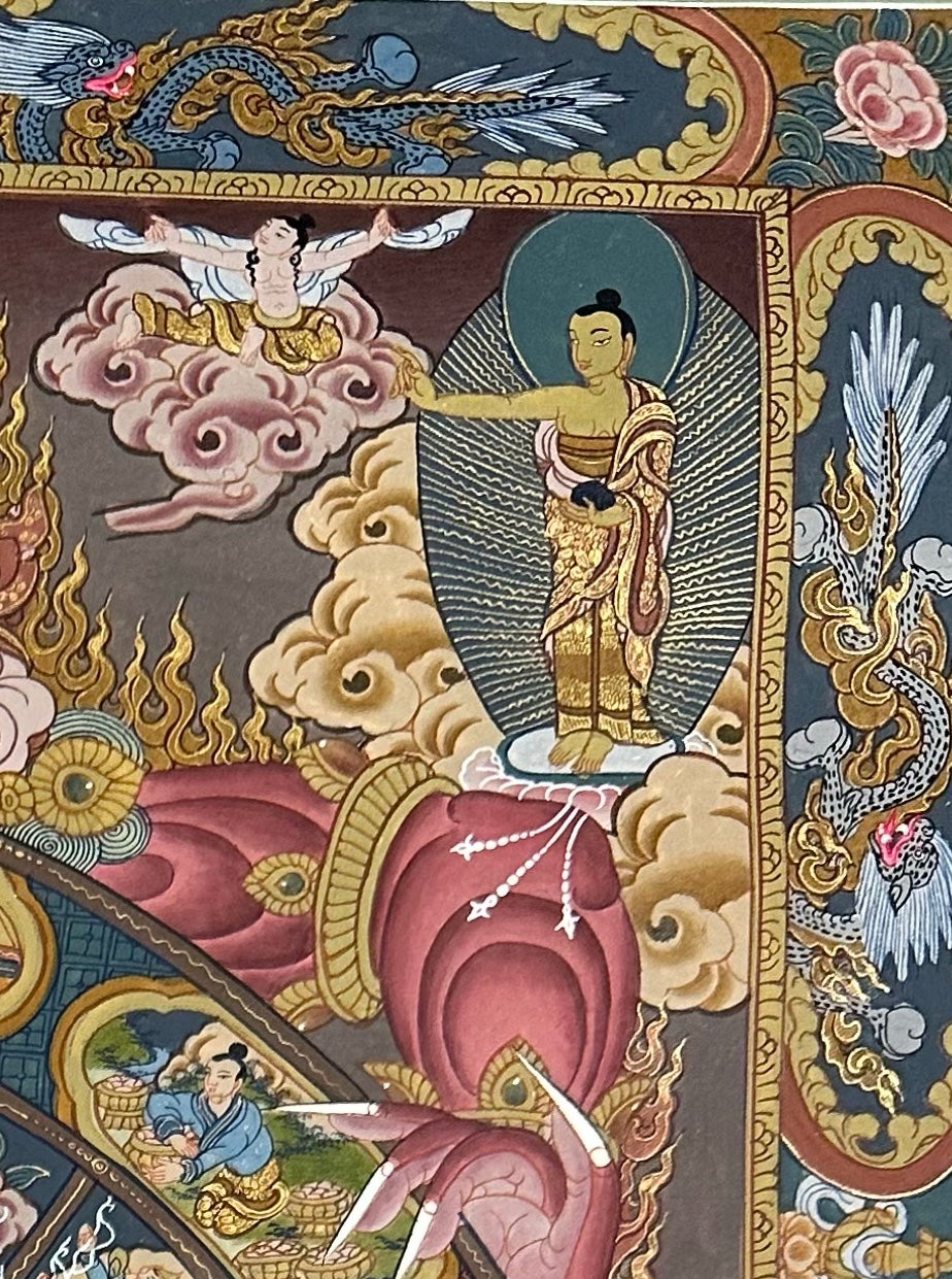 Wheel of Life thangka, detail: top-right corner