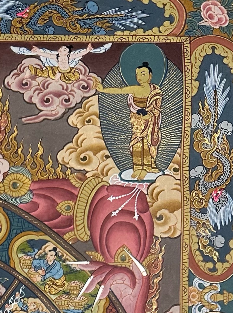 Wheel of Life thangka, detail: top-right corner