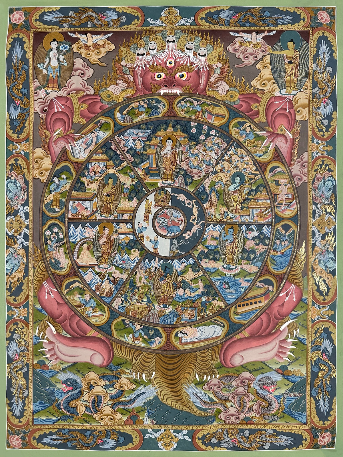 Wheel of Life thangka, 40×61 cm: red Yama holding the Wheel of Life with a Buddha in each realm, framed by a border of dragons