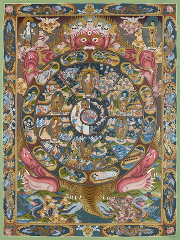 Wheel of Life thangka, 40×61 cm: red Yama holding the Wheel of Life with a Buddha in each realm, framed by a border of dragons
