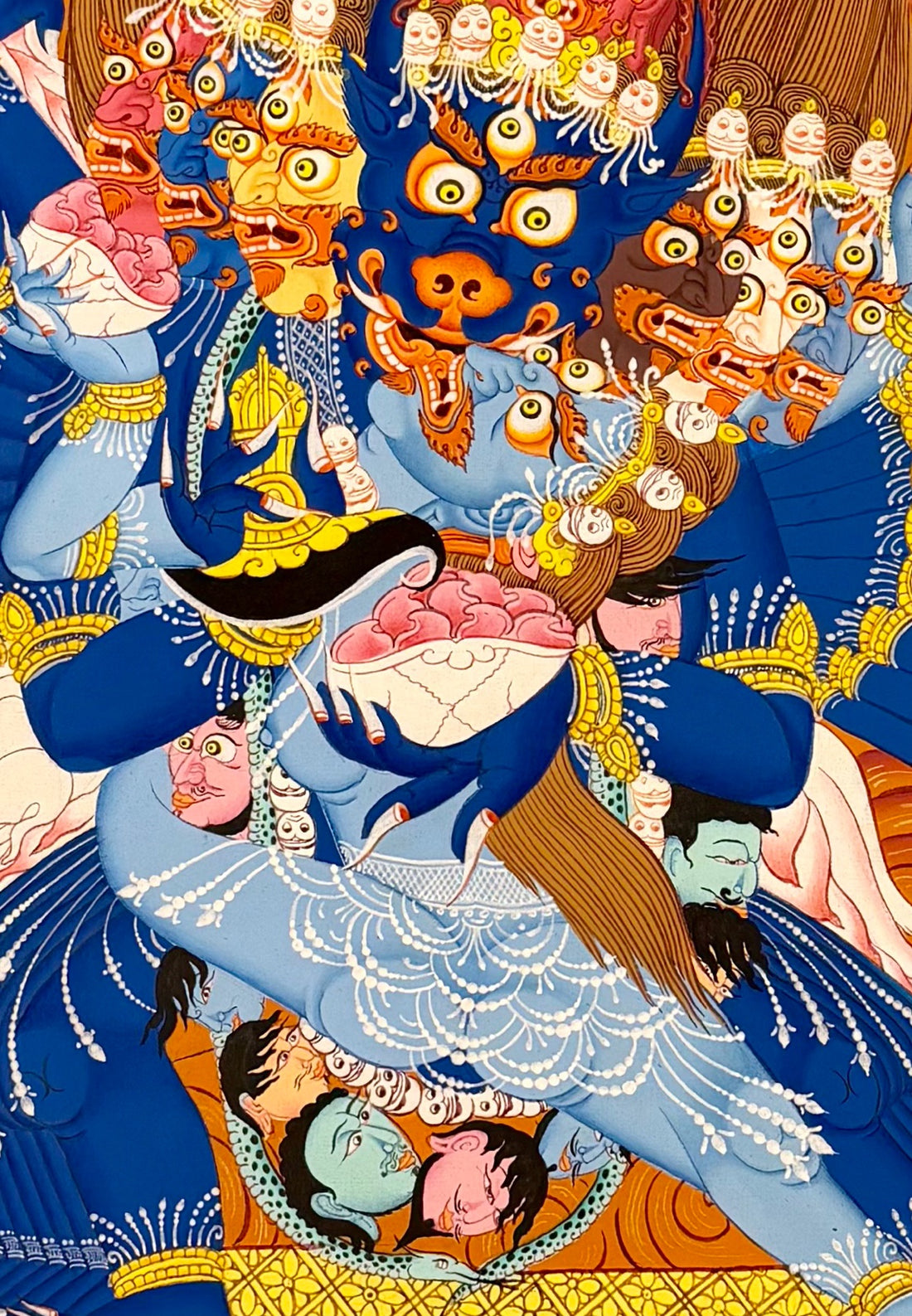 Yamantaka with Consort thangka, 57×79 cm: buffalo-headed Yamantaka in union with his consort inside a ring of flames