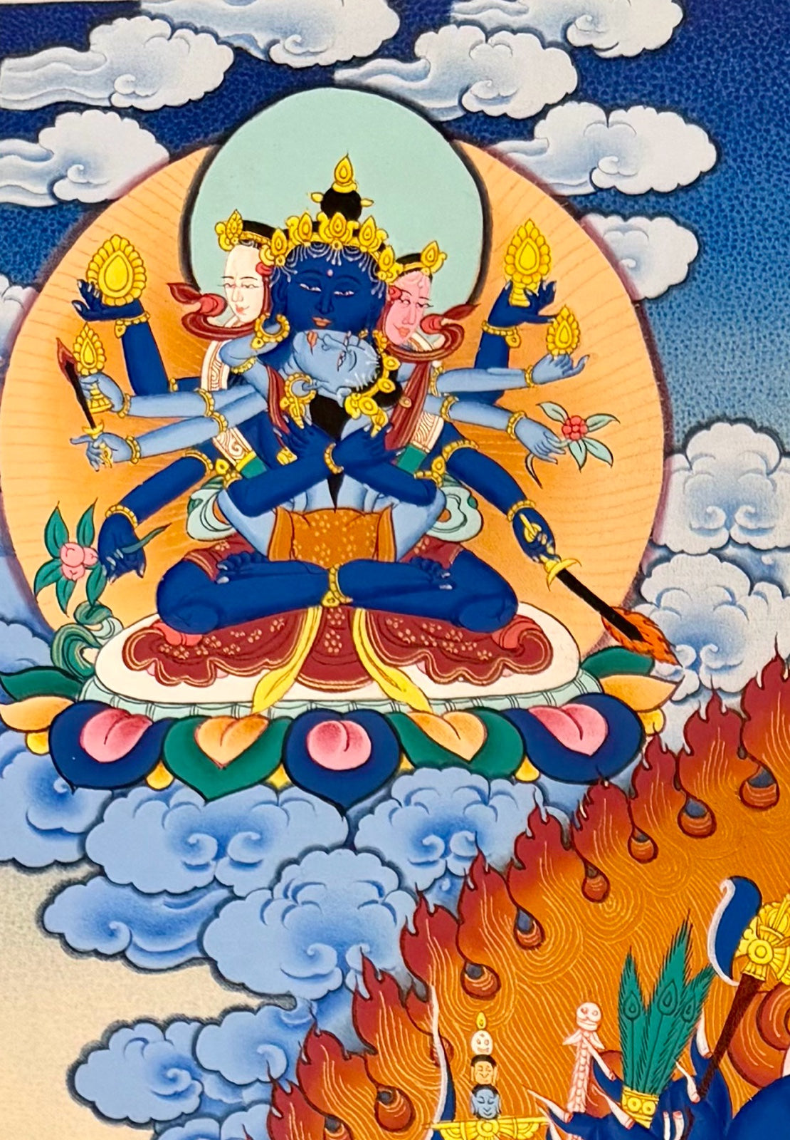 Yamantaka with Consort thangka, detail: top-left corner