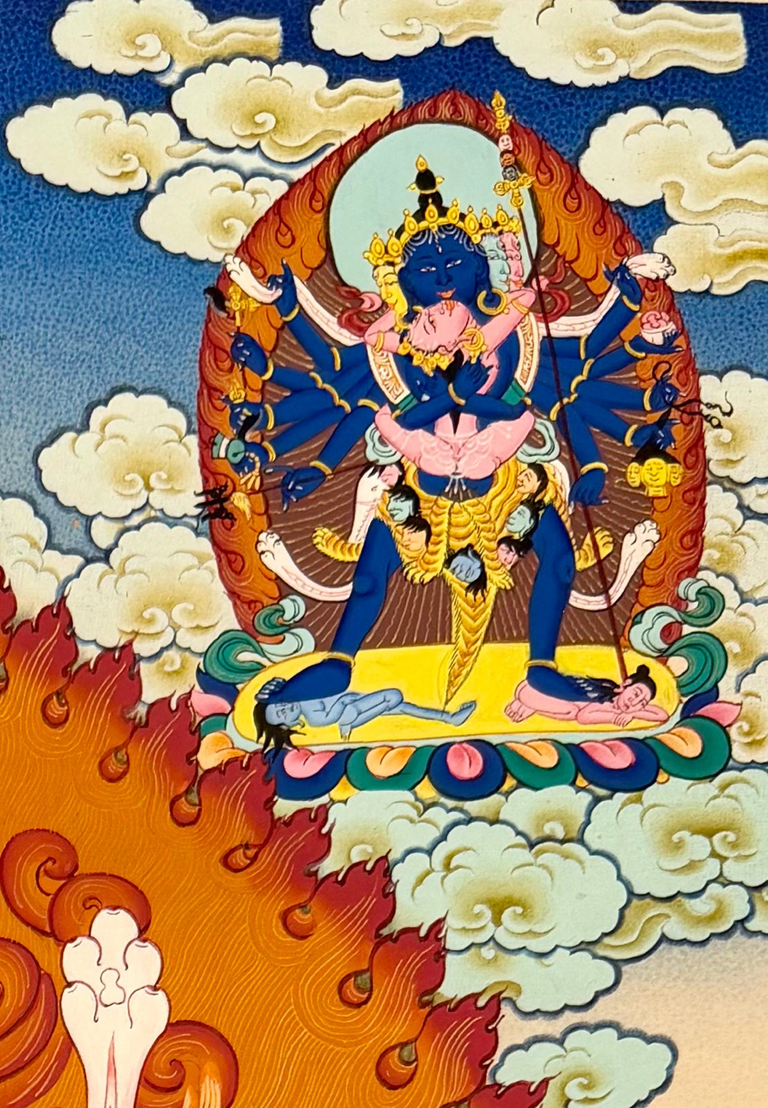 Yamantaka with Consort thangka, detail: top-right corner