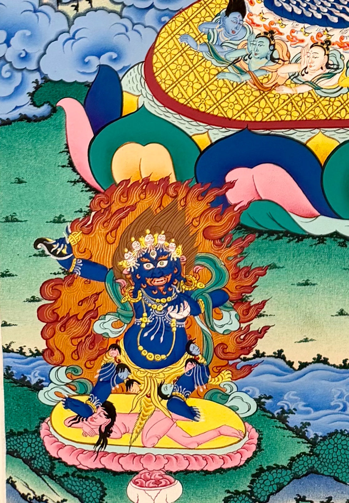 Yamantaka with Consort thangka, detail: bottom-left corner