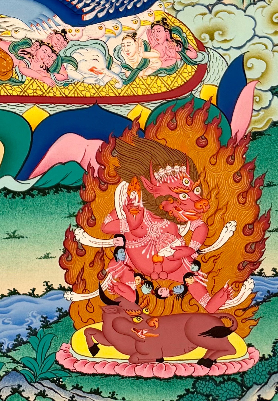 Yamantaka with Consort thangka, detail: bottom-right corner