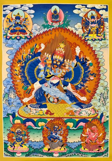 Yamantaka with Consort thangka, 57×79 cm: buffalo-headed Yamantaka in union with his consort inside a ring of flames