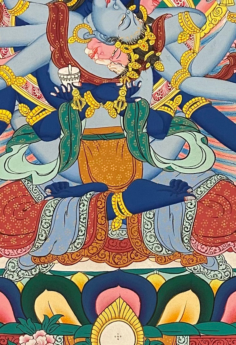 Guhyasamaja thangka, 55×77 cm: blue three-faced, six-armed Guhyasamaja in union with his consort, with Tsongkhapa and teachers above