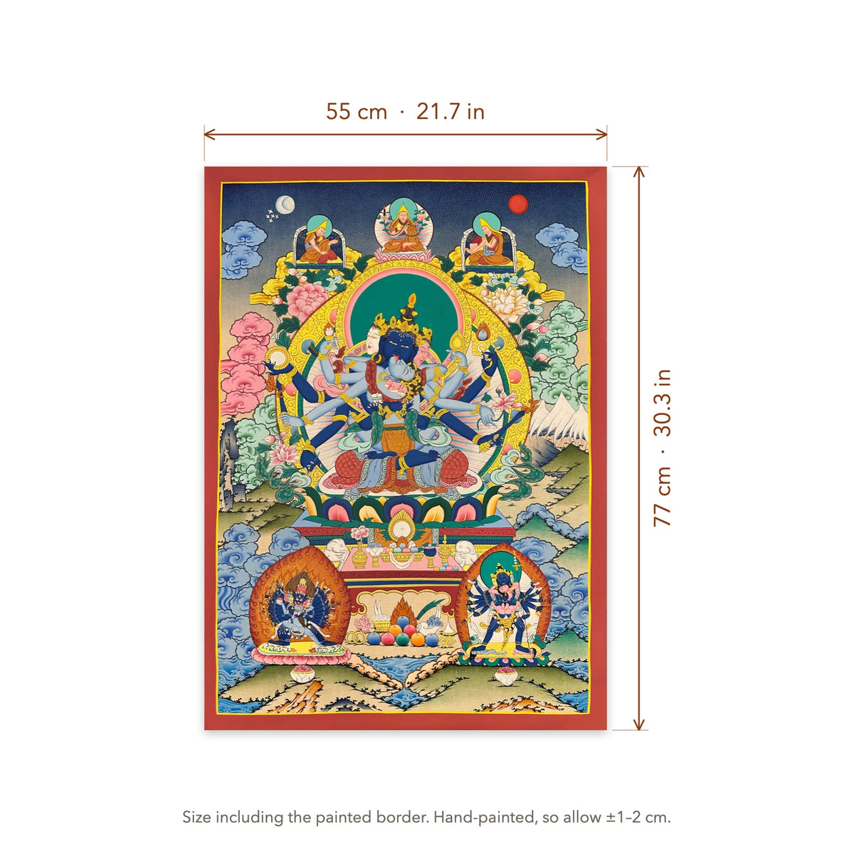 Size diagram: 55 × 77 cm (21.7 × 30.3 in), including the painted border
