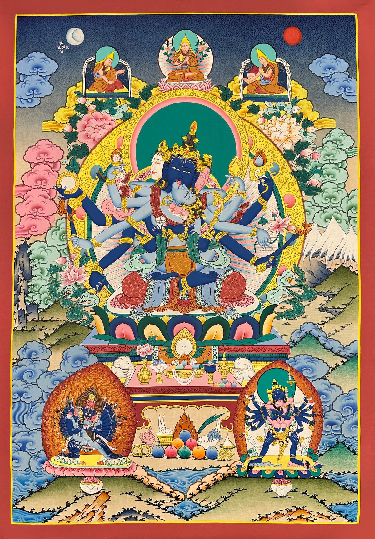 Guhyasamaja thangka, 55×77 cm: blue three-faced, six-armed Guhyasamaja in union with his consort, with Tsongkhapa and teachers above