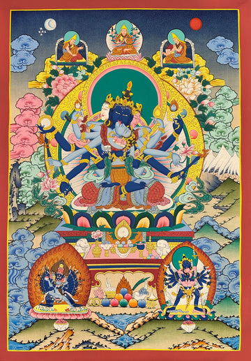 Guhyasamaja thangka, 55×77 cm: blue three-faced, six-armed Guhyasamaja in union with his consort, with Tsongkhapa and teachers above