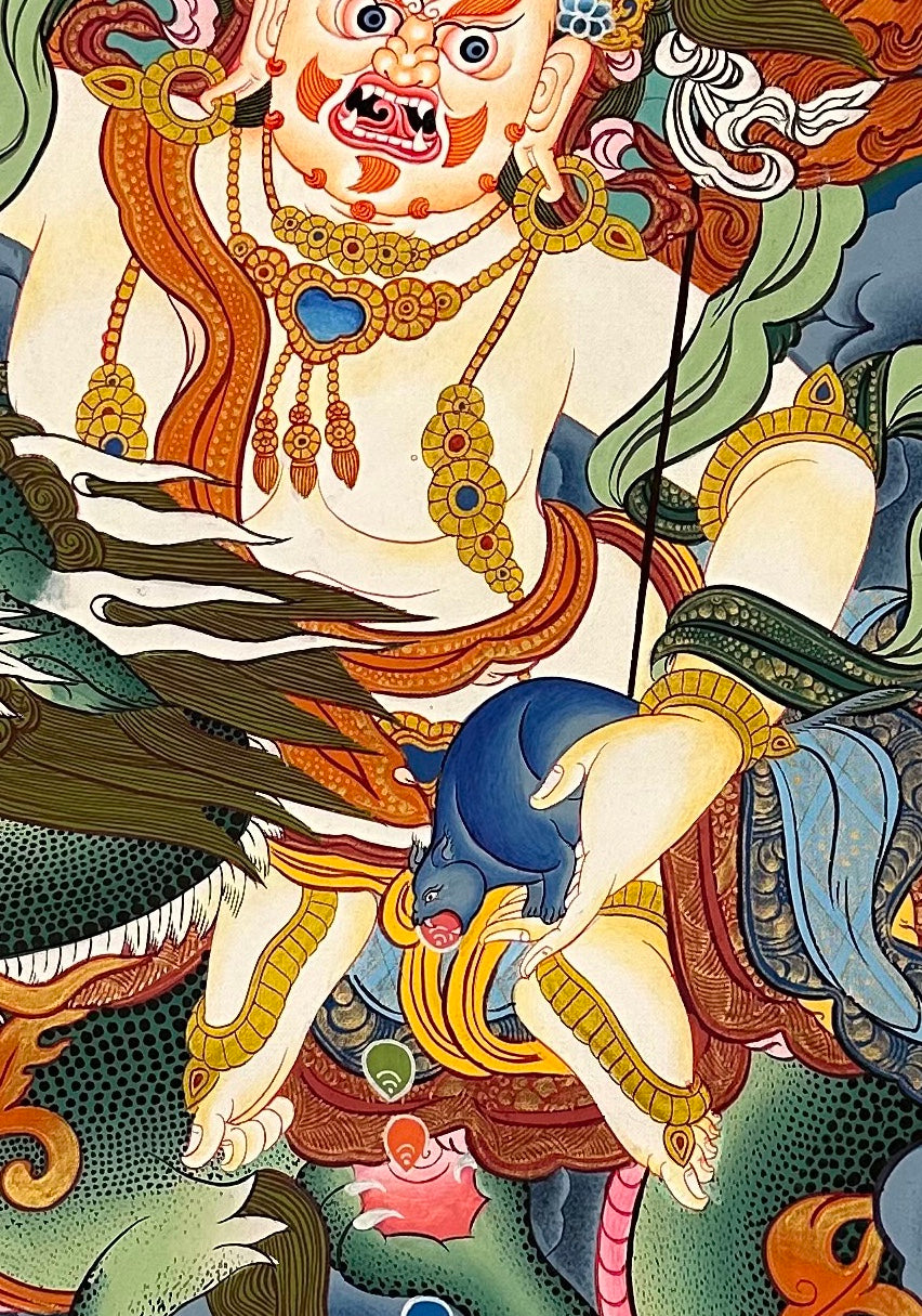 White Jambhala thangka, 60×82 cm: White Jambhala riding a green dragon, with a garuda above and the other Jambhalas around him