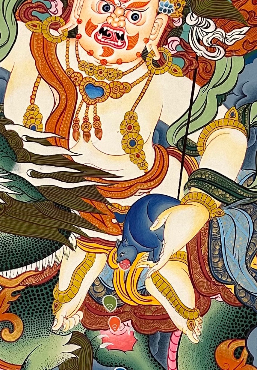 White Jambhala thangka, 60×82 cm: White Jambhala riding a green dragon, with a garuda above and the other Jambhalas around him