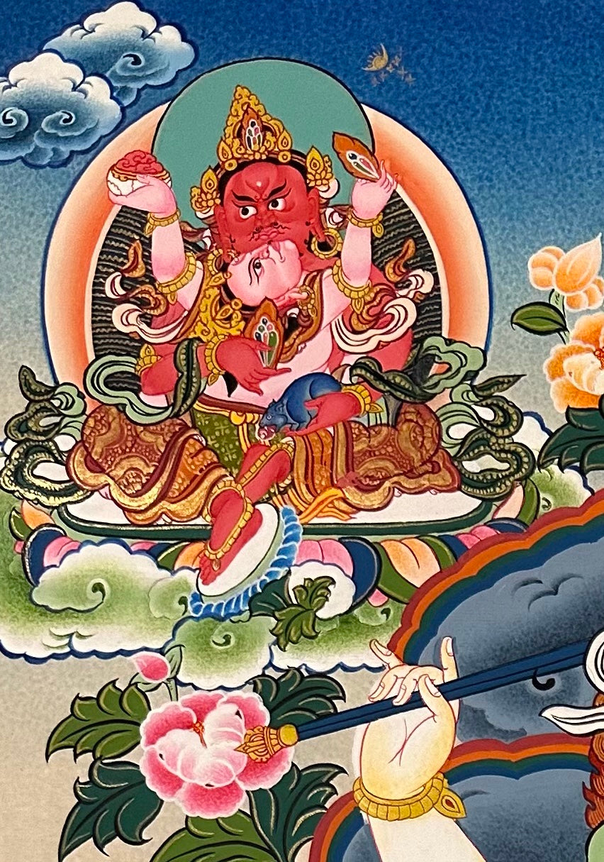 White Jambhala thangka, detail: top-left corner