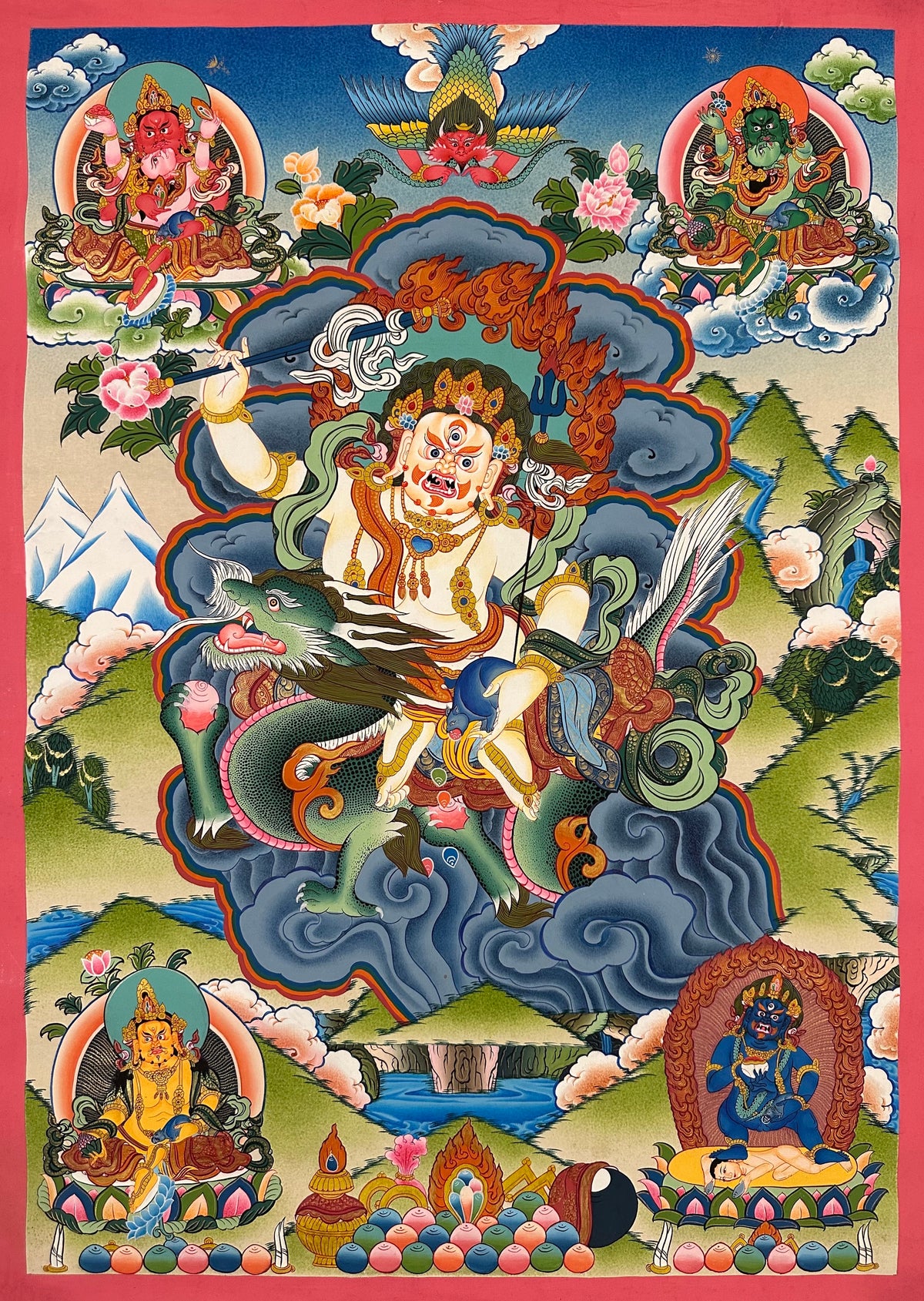 White Jambhala thangka, 60×82 cm: White Jambhala riding a green dragon, with a garuda above and the other Jambhalas around him
