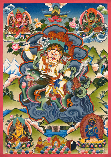 White Jambhala thangka, 60×82 cm: White Jambhala riding a green dragon, with a garuda above and the other Jambhalas around him